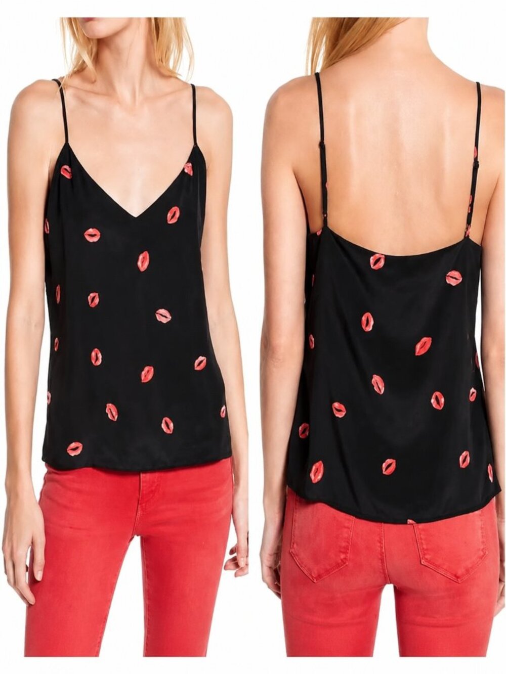 L'AGENCE Jane Camisole Black Silk Spaghetti-Strap Pink Lip Motif Sz SP